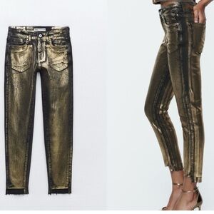 Zara gold metallic liquid foil mid rise skinny jeans Sz 14 bloggers fave